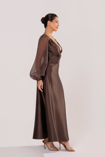 Carlotta Chocolate Maxi Dress with Sheer Billowed Sleeves
