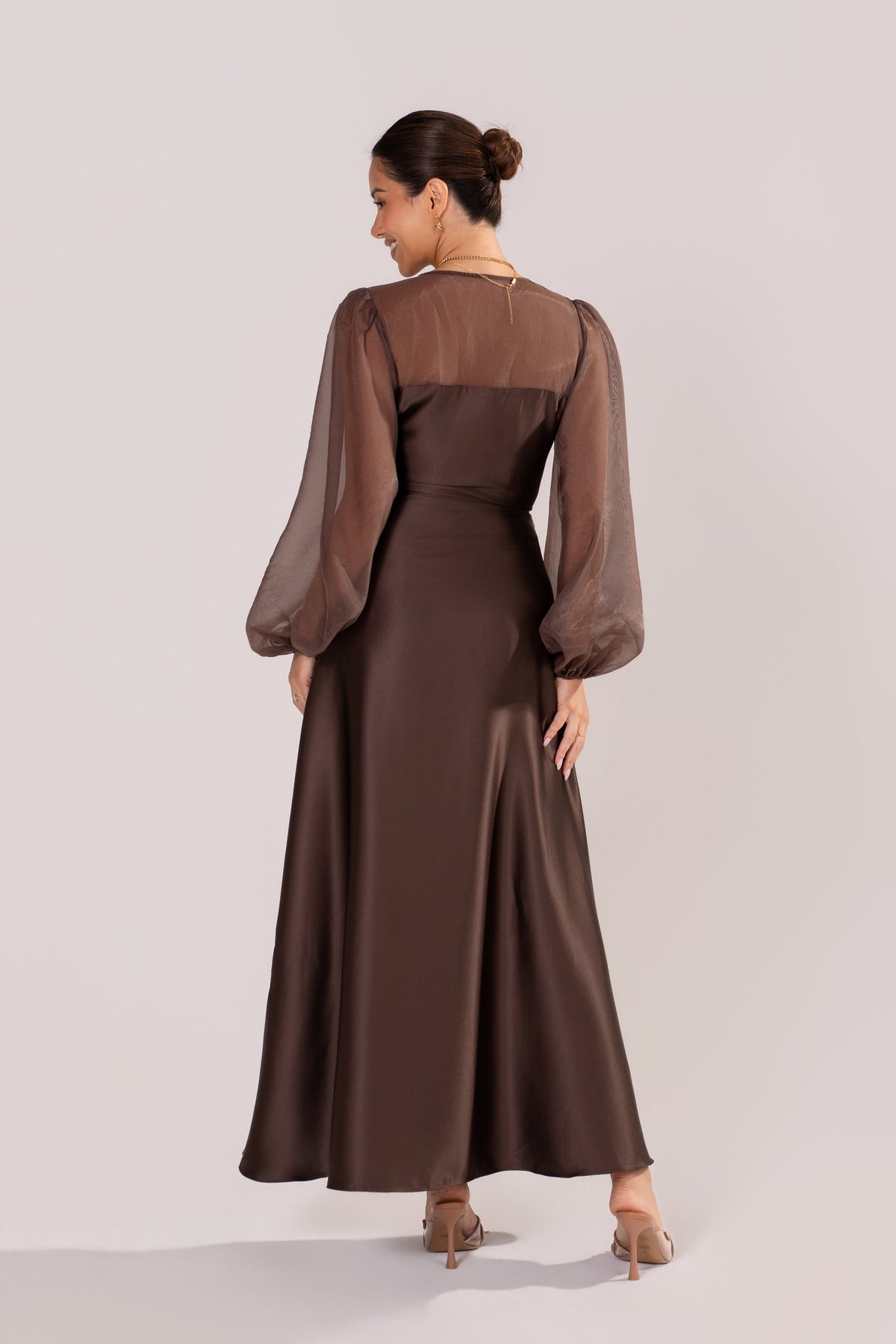 Carlotta Chocolate Maxi Dress with Sheer Billowed Sleeves