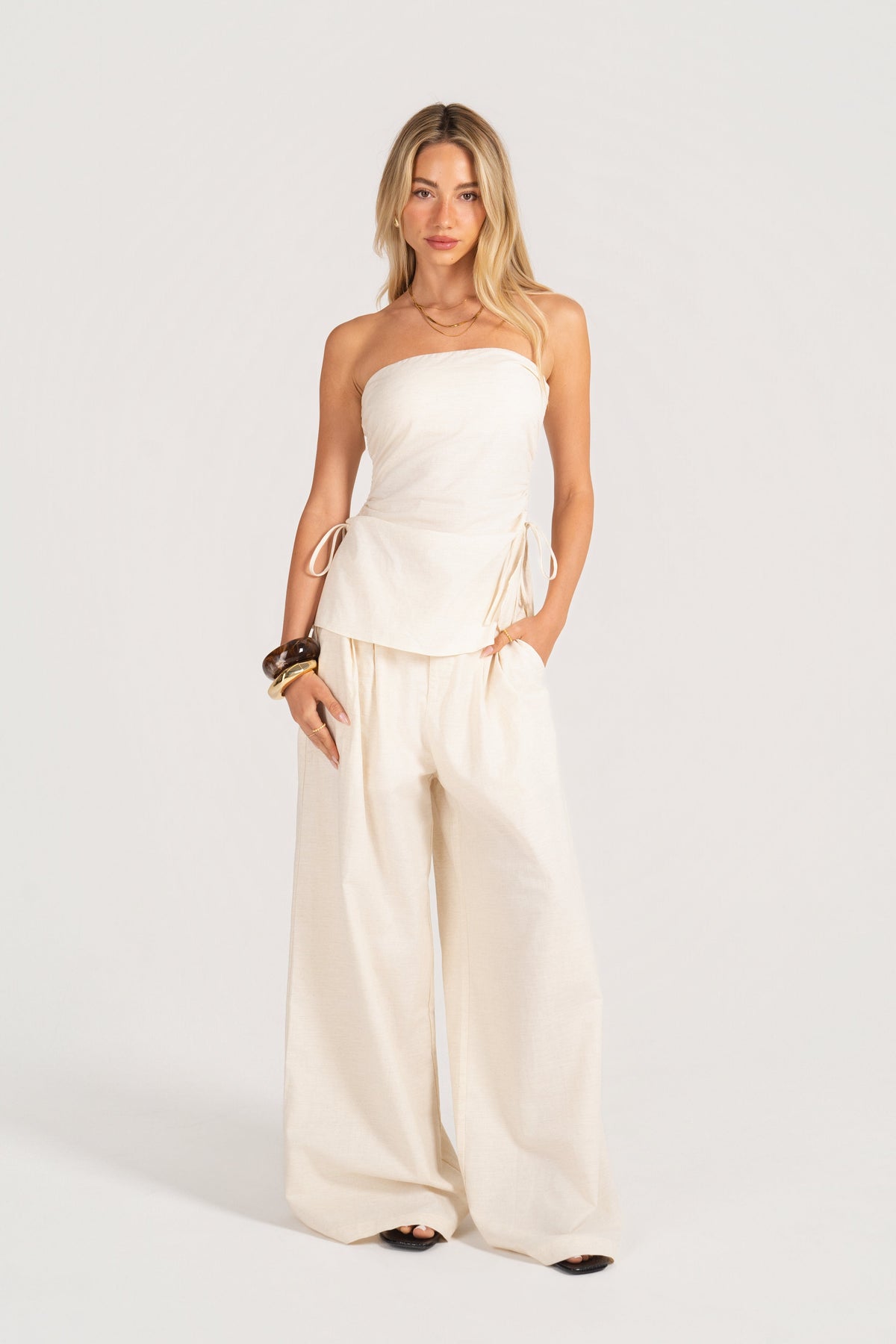 Corrine Set - Strapless Side-Ruched Top with Wide-Leg Pants