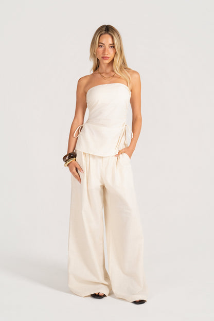 Corrine Set - Strapless Side-Ruched Top with Wide-Leg Pants