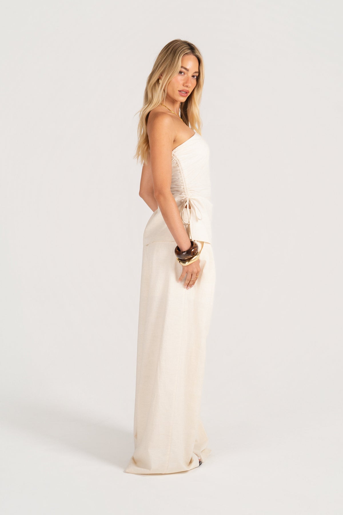 Corrine Set - Strapless Side-Ruched Top with Wide-Leg Pants