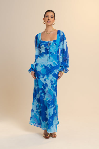 Mika Long Sleeve Blue Print Maxi Dress