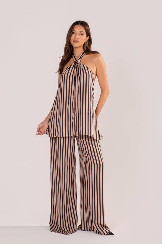Dulcie Stripe Halter Tie Top & Wide Leg Pant Set