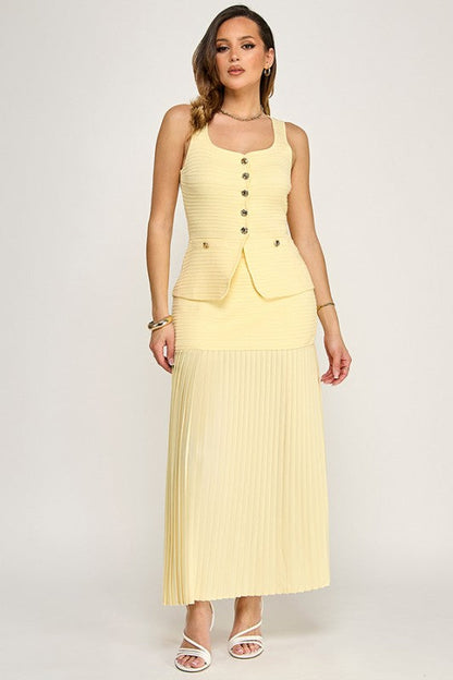 Elegant Muse Pleated Maxi Skirt Set - Yellow