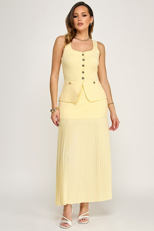 Elegant Muse Pleated Maxi Skirt Set - Yellow
