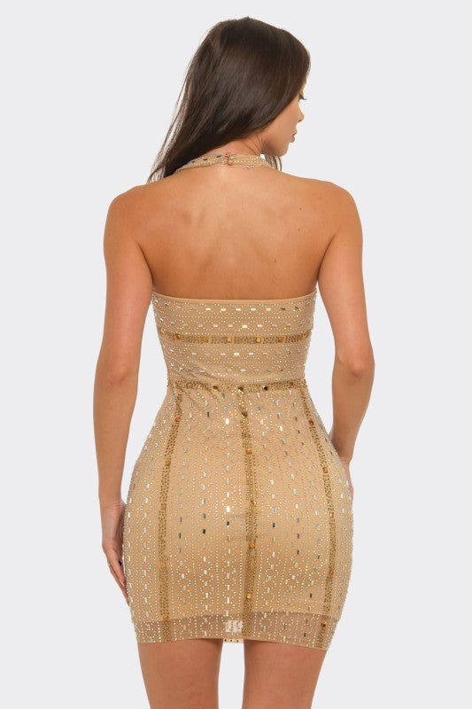 Golden Glow Rhinestone Halter Mini Dress