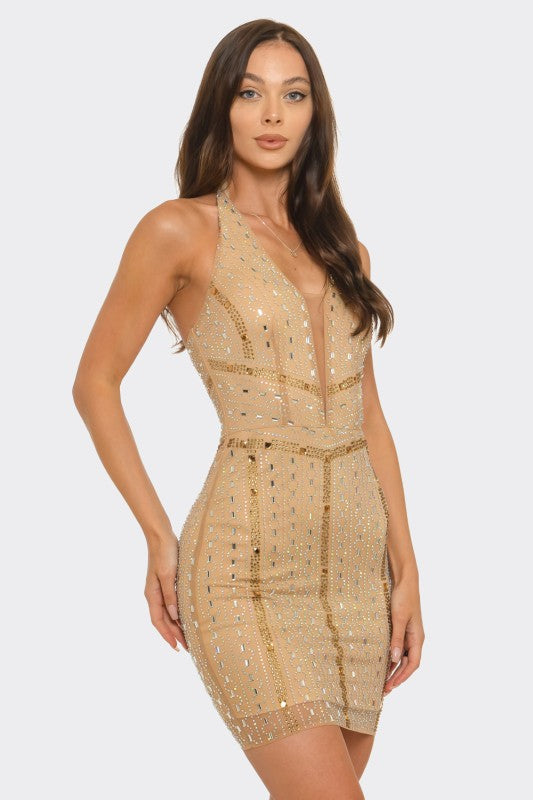 Golden Glow Rhinestone Halter Mini Dress