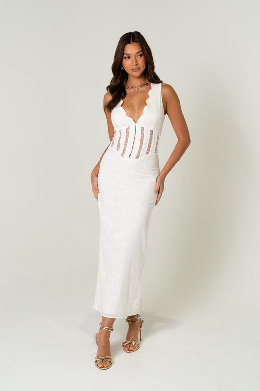 Brooke White Midi Scalloped Edge Dress
