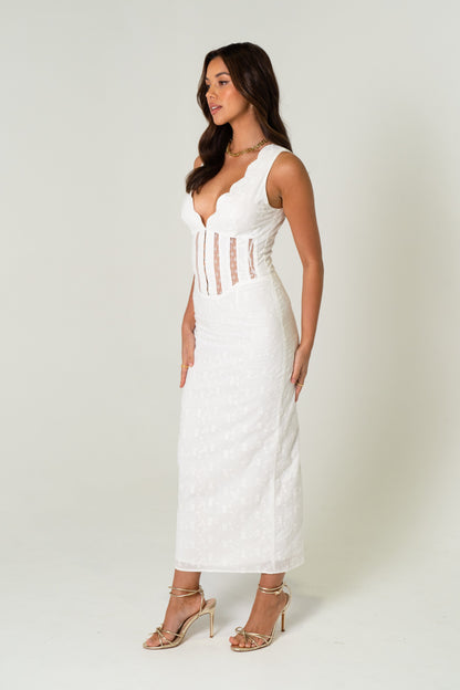 Brooke White Midi Scalloped Edge Dress
