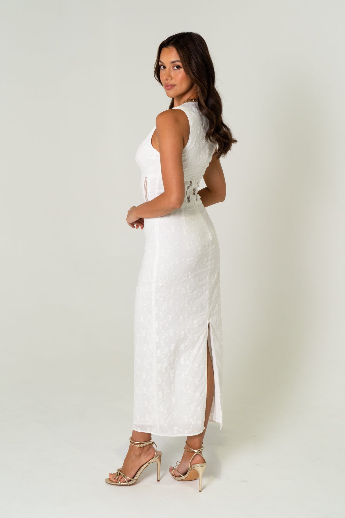 Brooke White Midi Scalloped Edge Dress