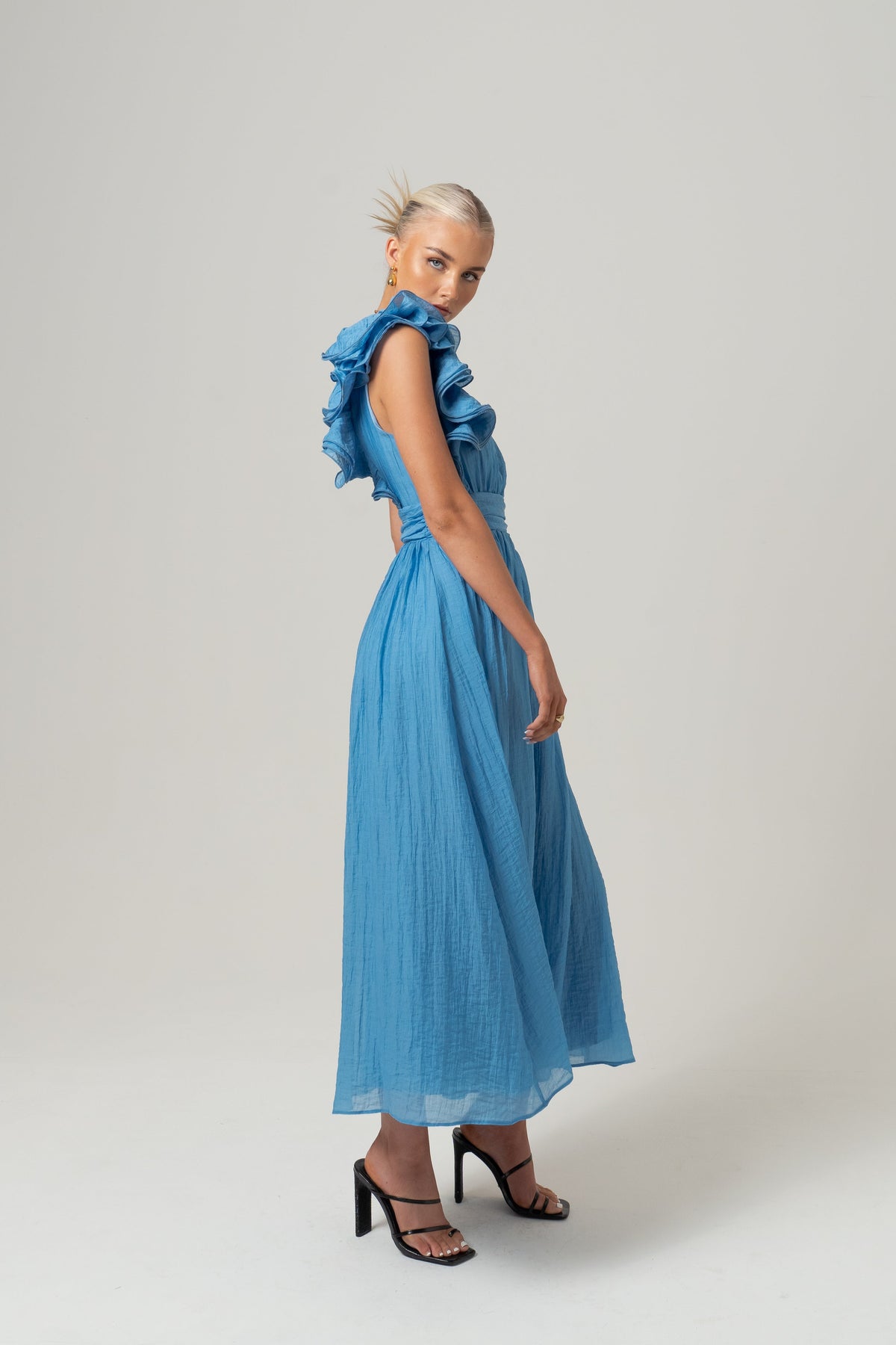 Zara One-Shoulder Ruffle Midi Dress