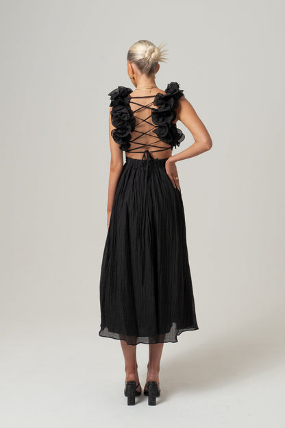 Tilly Ruffle Trim Midi Dress with Back Ties