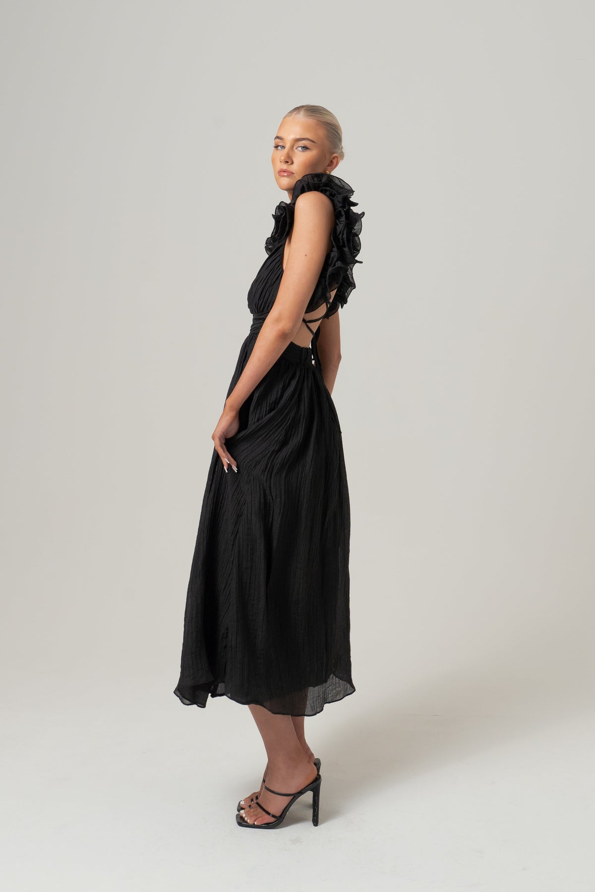 Tilly Ruffle Trim Midi Dress with Back Ties