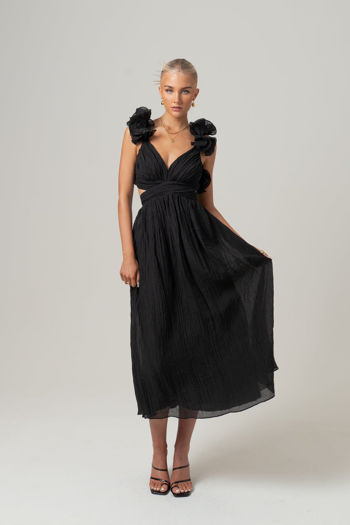 Tilly Ruffle Trim Midi Dress with Back Ties
