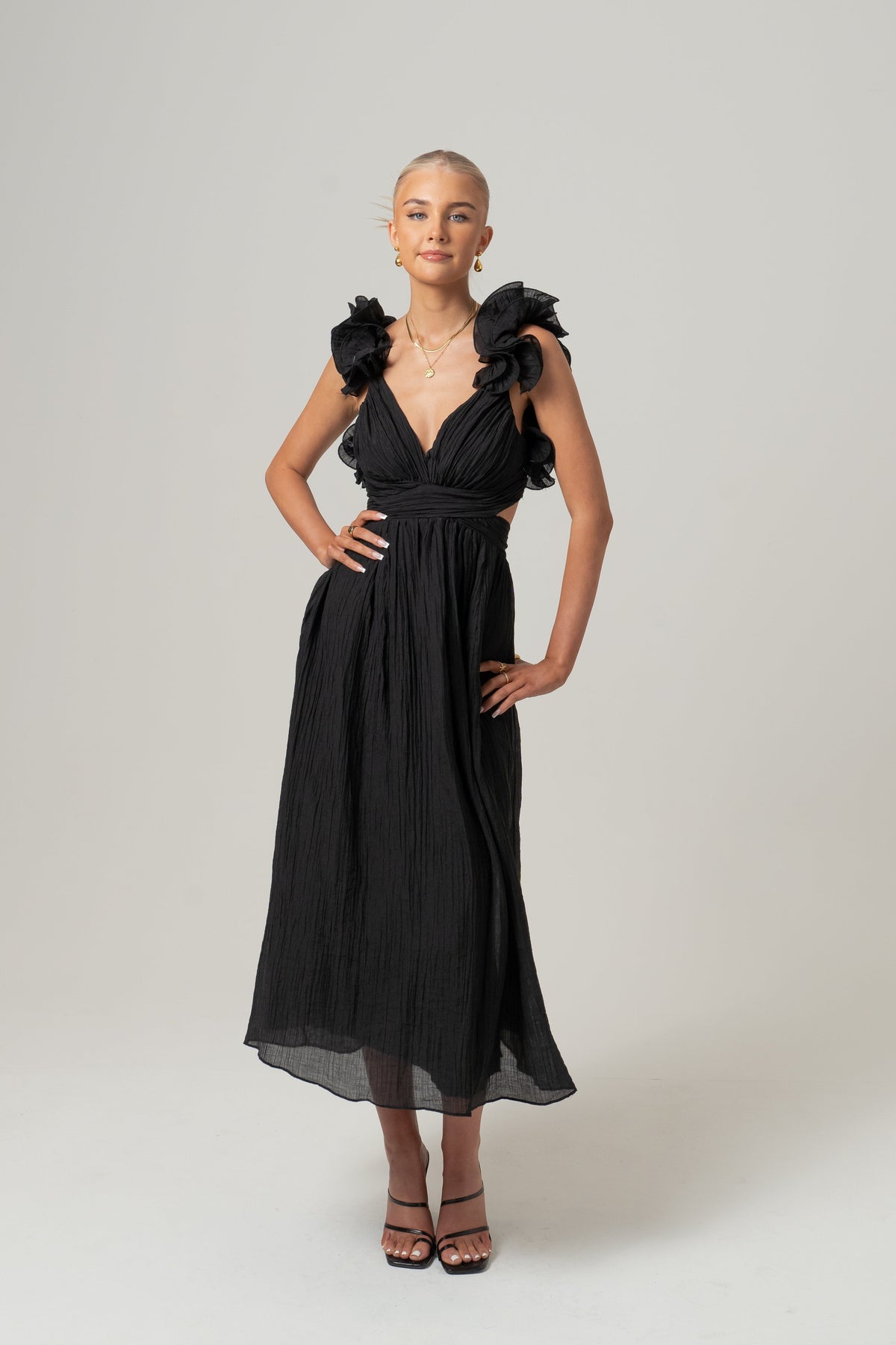 Tilly Ruffle Trim Midi Dress with Back Ties