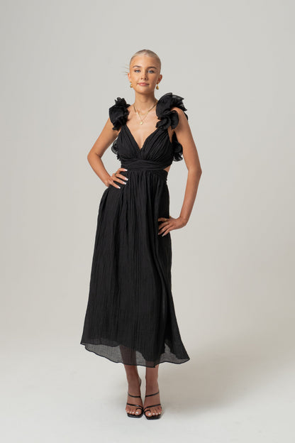 Tilly Ruffle Trim Midi Dress with Back Ties