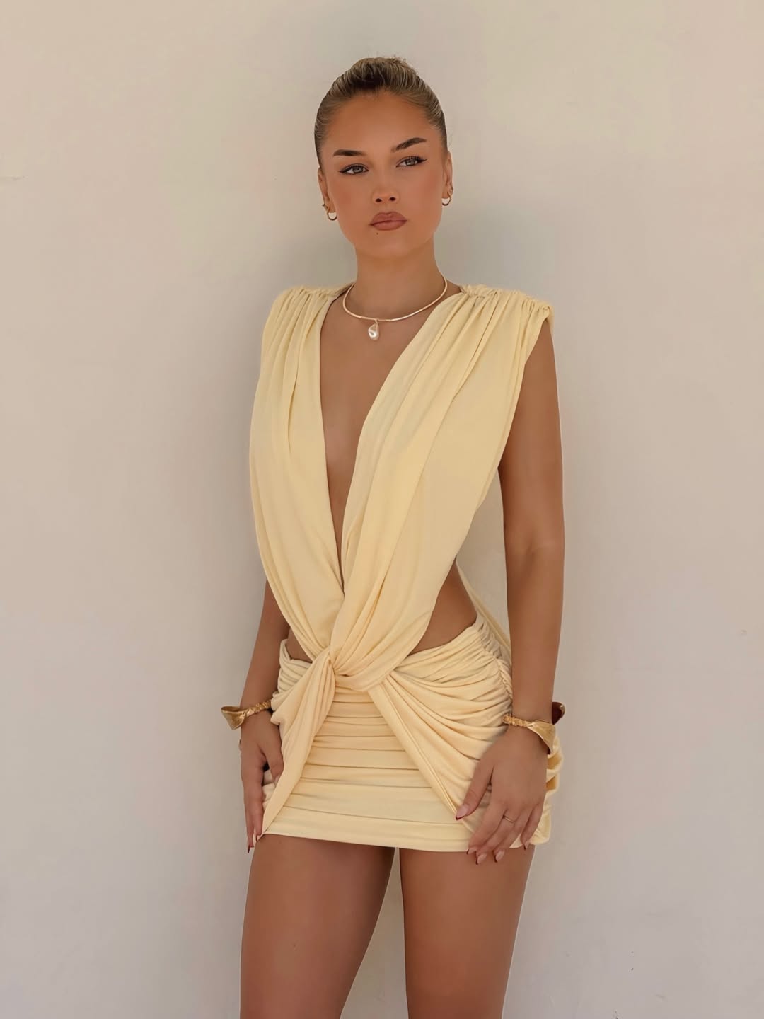 Golden Drape Sculpted 
Mini Dress- Yellow
