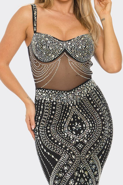 Crystal Cascade Rhinestone Gown- Black
