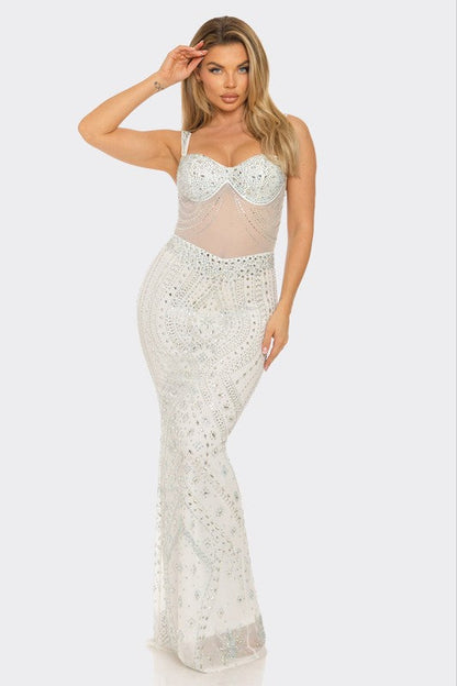 Crystal Cascade Rhinestone Gown- White