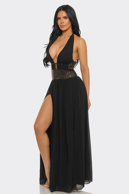 Goddess Allure Rhinestone Halter Gown- Black