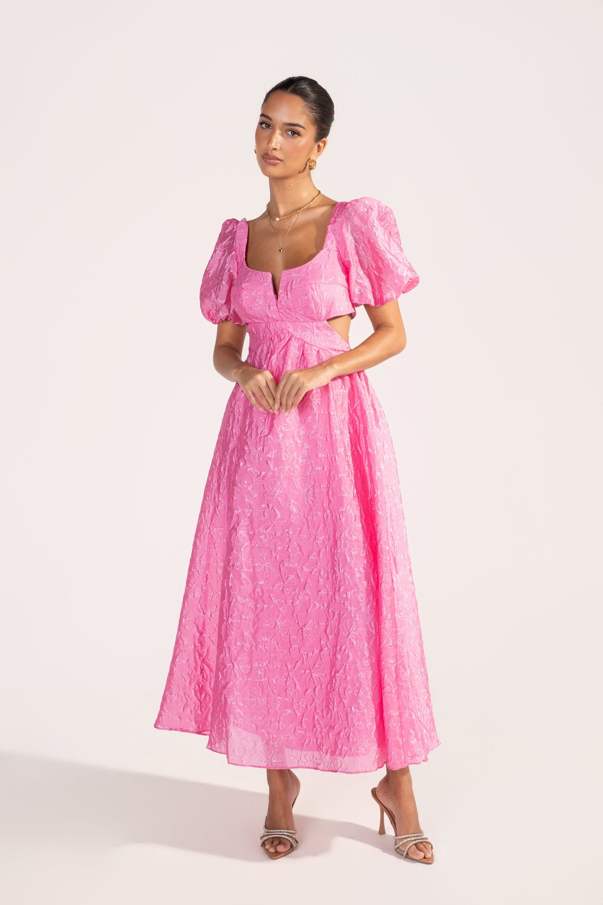 Fenella Pink Butterfly Print Puff Sleeve Maxi Dress