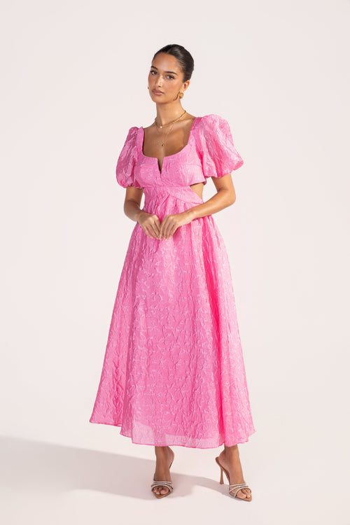 Fenella Pink Butterfly Print Puff Sleeve Maxi Dress
