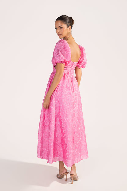 Fenella Pink Butterfly Print Puff Sleeve Maxi Dress
