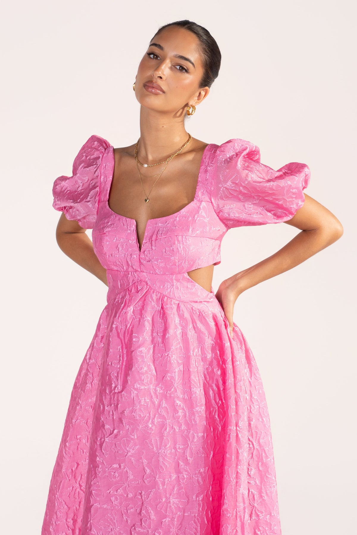 Fenella Pink Butterfly Print Puff Sleeve Maxi Dress