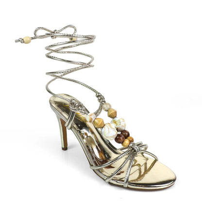 Assa Lace-Up Beaded Heels Gold