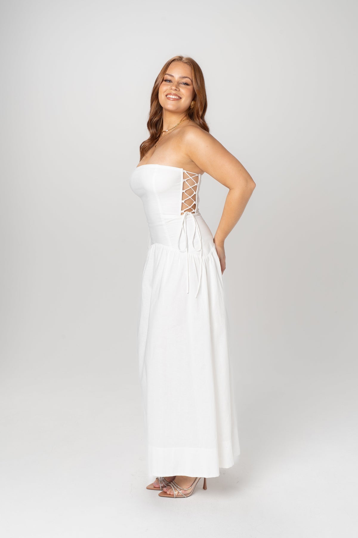 Gracelyn White Strapless Midi with Adjustable Cut-Out Ties