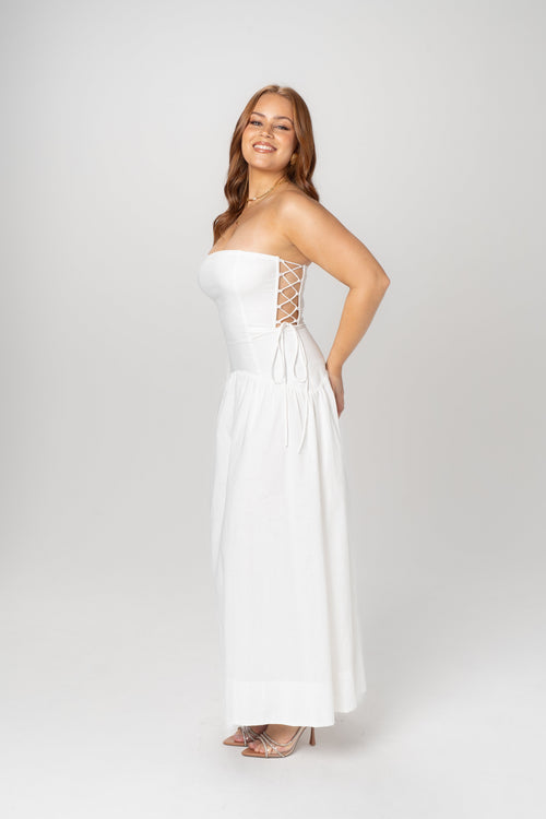 Gracelyn White Strapless Midi with Adjustable Cut-Out Ties