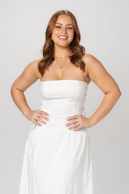 Gracelyn White Strapless Midi with Adjustable Cut-Out Ties