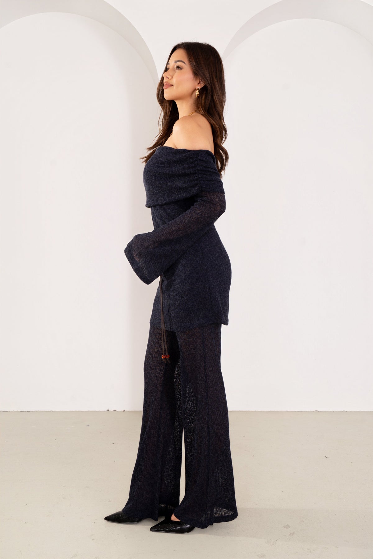 Halston Navy Off-Shoulder Long Sleeve Tunic & High Waisted Pants Set