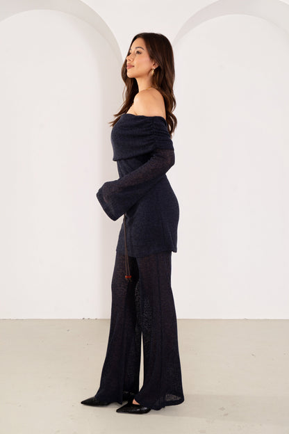 Halston Navy Off-Shoulder Long Sleeve Tunic & High Waisted Pants Set