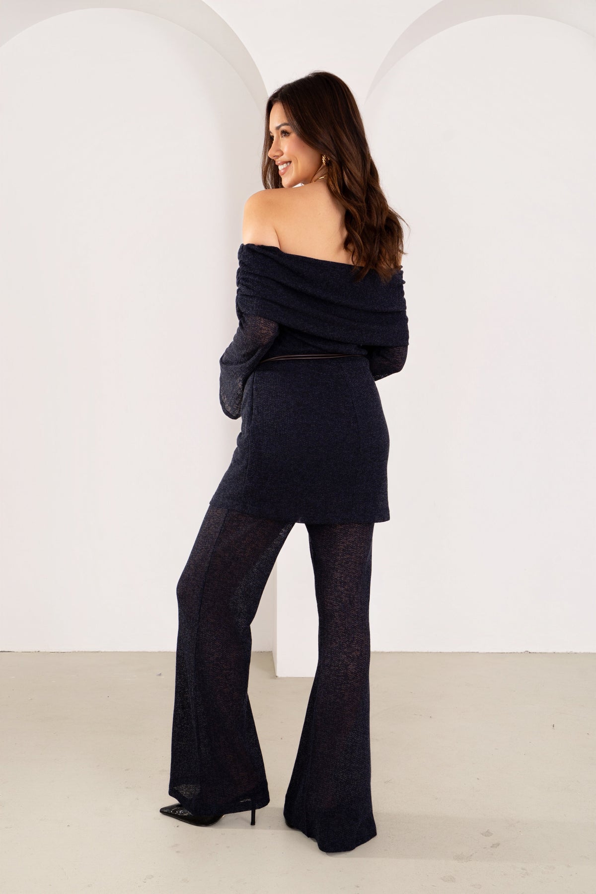 Halston Navy Off-Shoulder Long Sleeve Tunic & High Waisted Pants Set