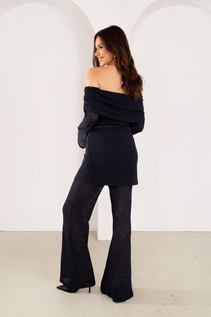 Halston Navy Off-Shoulder Long Sleeve Tunic & High Waisted Pants Set