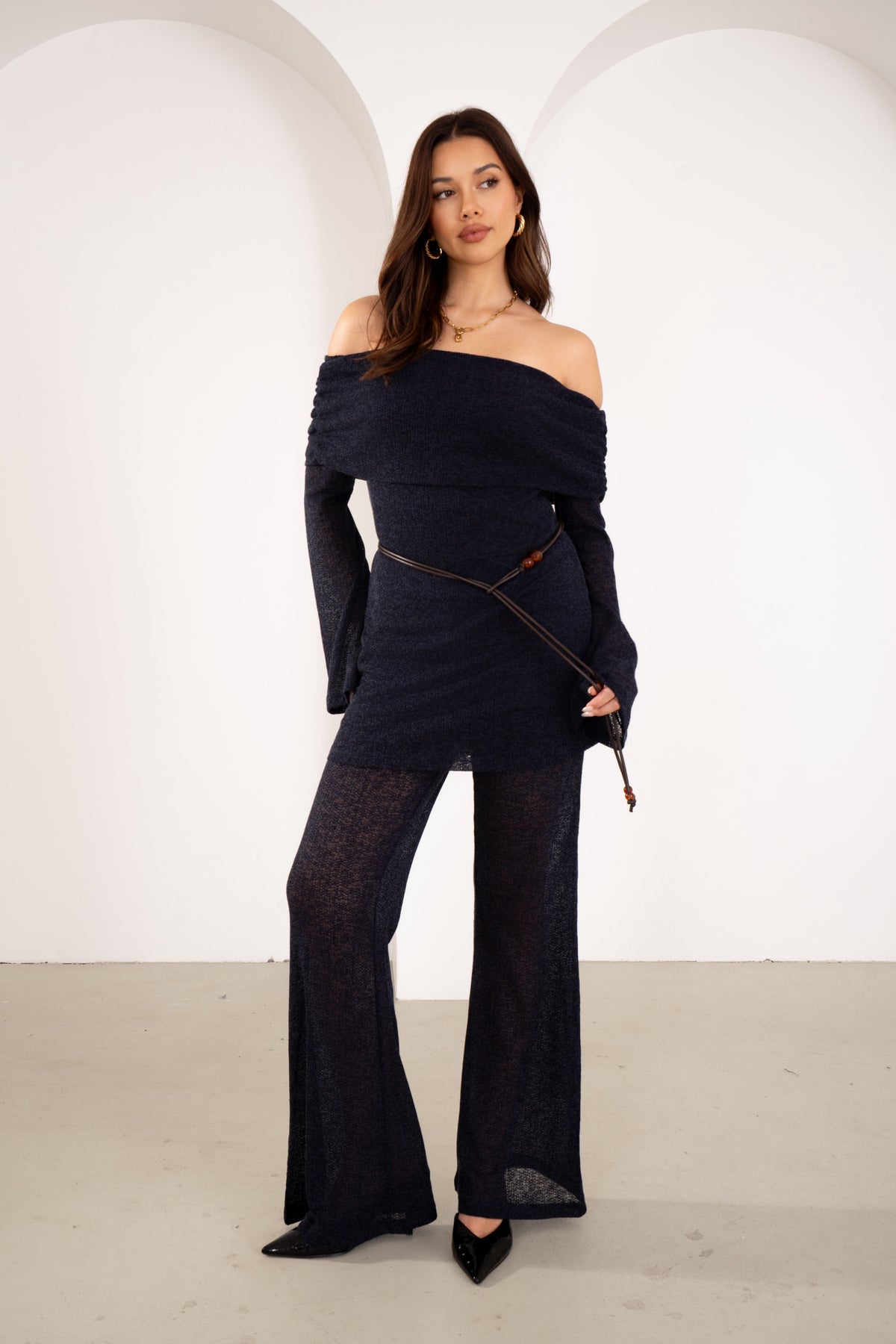 Halston Navy Off-Shoulder Long Sleeve Tunic & High Waisted Pants Set