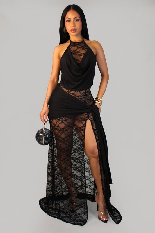Lace Illusion Draped Halter Gown Maxi Dress - Black