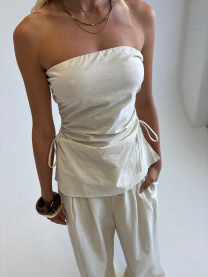 Corrine Set - Strapless Side-Ruched Top with Wide-Leg Pants
