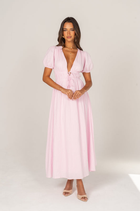 Iliana Pink Puff Sleeve V-Neck Max Dress