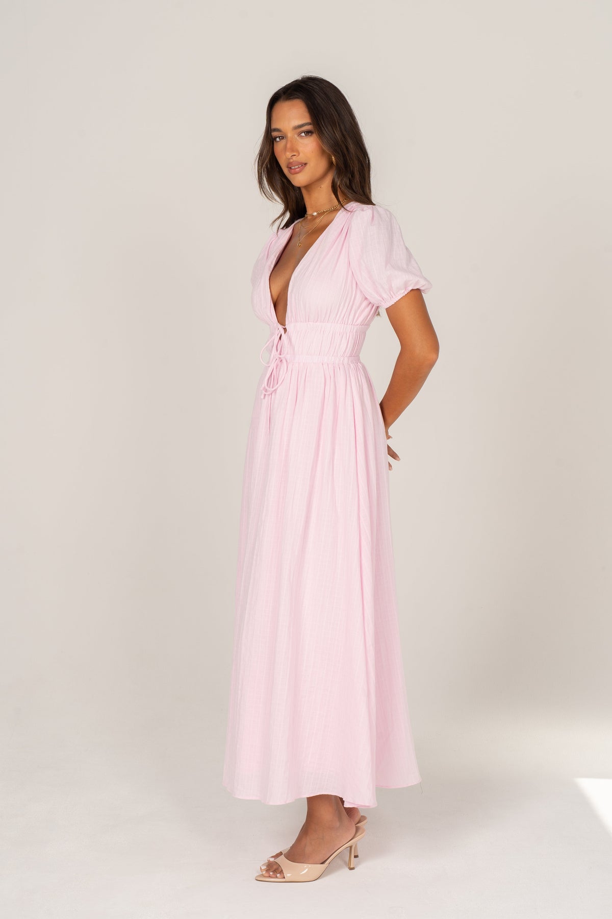 Iliana Pink Puff Sleeve V-Neck Max Dress