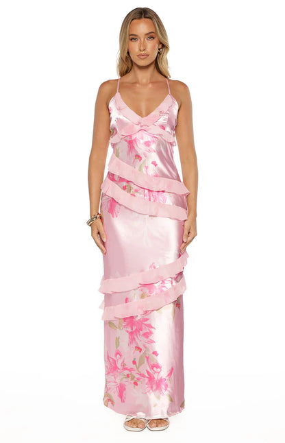 Inara Pink Floral Print Ruffle Prom Dress