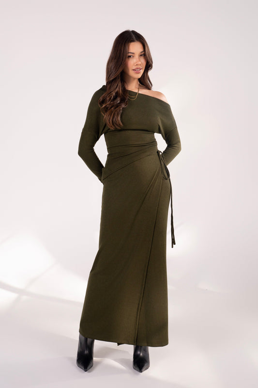 Indy Green Drop Shoulder Top & Wrap Maxi Skirt Set