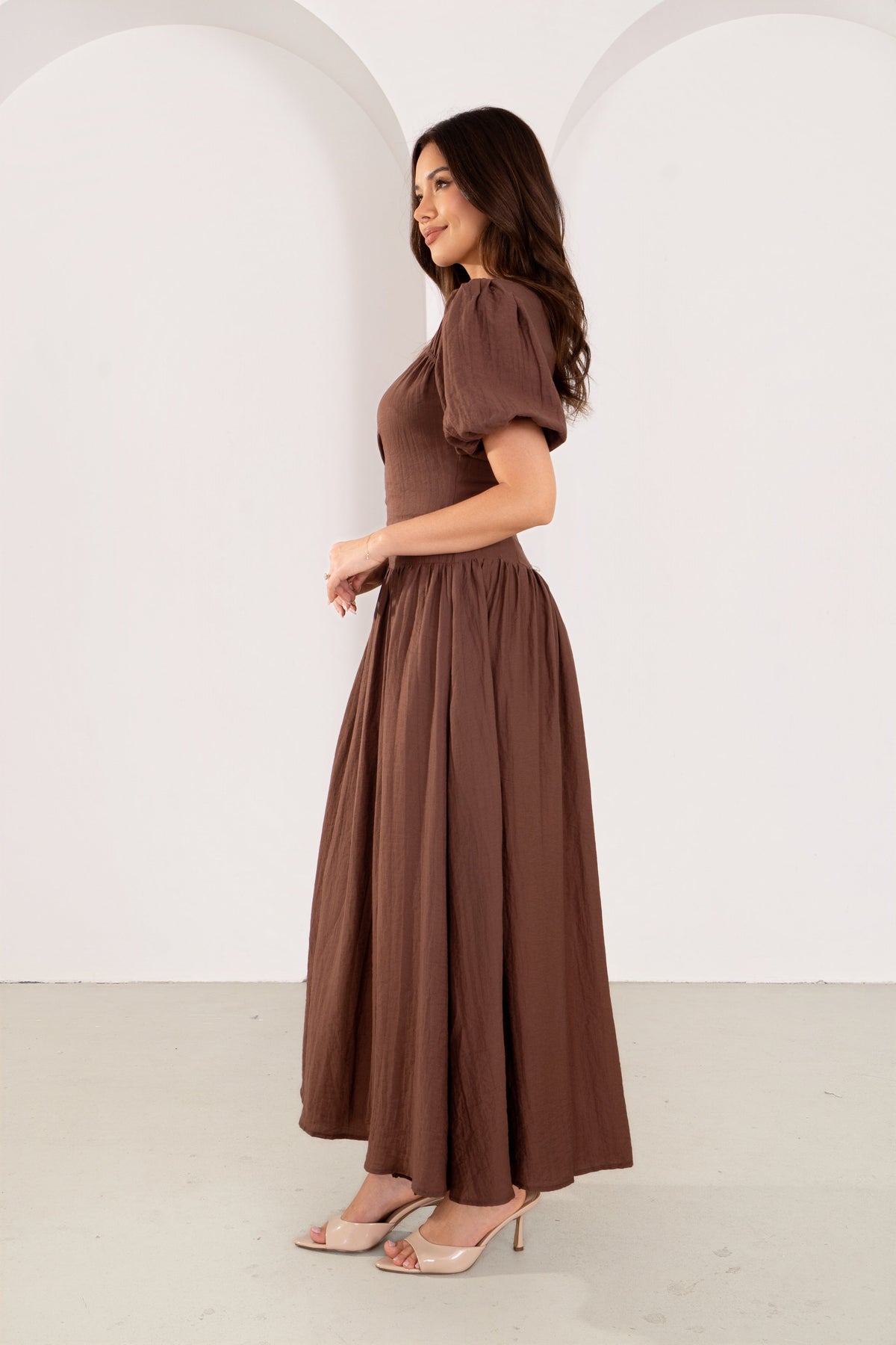 Isolde Chocolate Puff Sleeve Maxi Dress