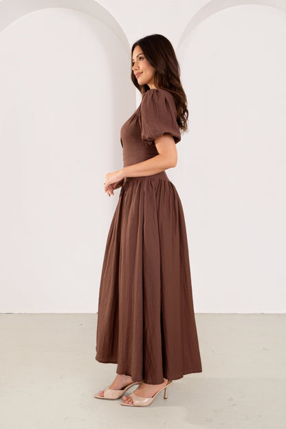 Isolde Chocolate Puff Sleeve Maxi Dress