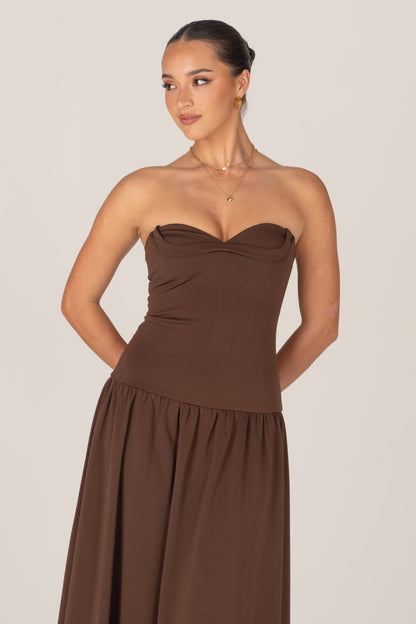 Jocelyn Strapless Chocolate Maxi Dress