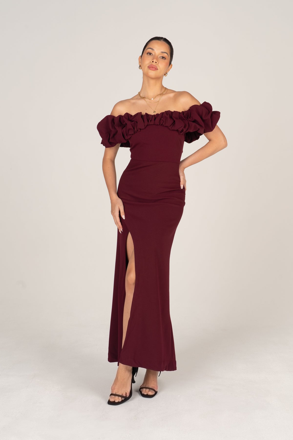 Jordan Wine Off-Shoulder Ruffle Cocktail Dress