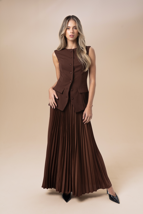 Kendra Chocolate Two-Piece Set - Vest Top & Pleated Maxi Skirt
