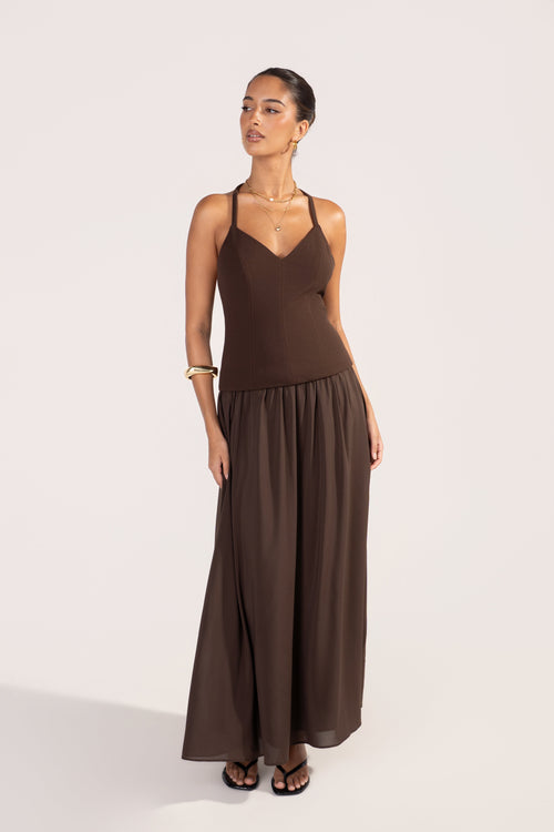 Milana Open Back Chocolate Halter Dress