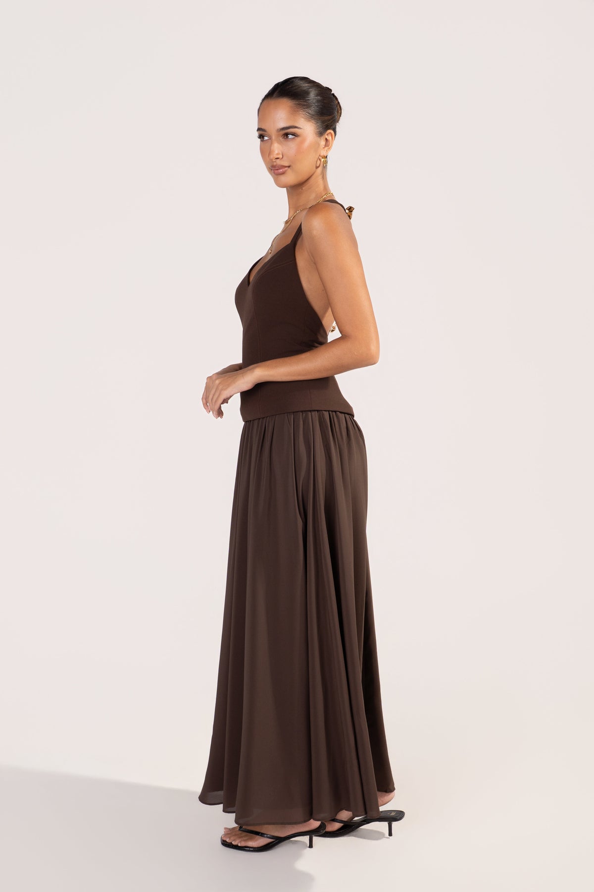 Milana Open Back Chocolate Halter Dress